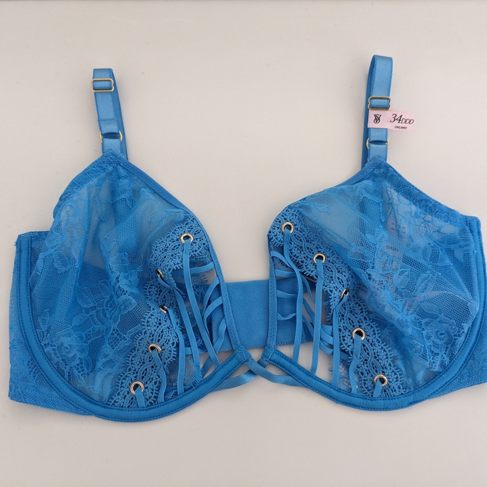NWT! Victoria's Secret Low Cut Demi Bra Light Blue Floral Lace Size 34DDD